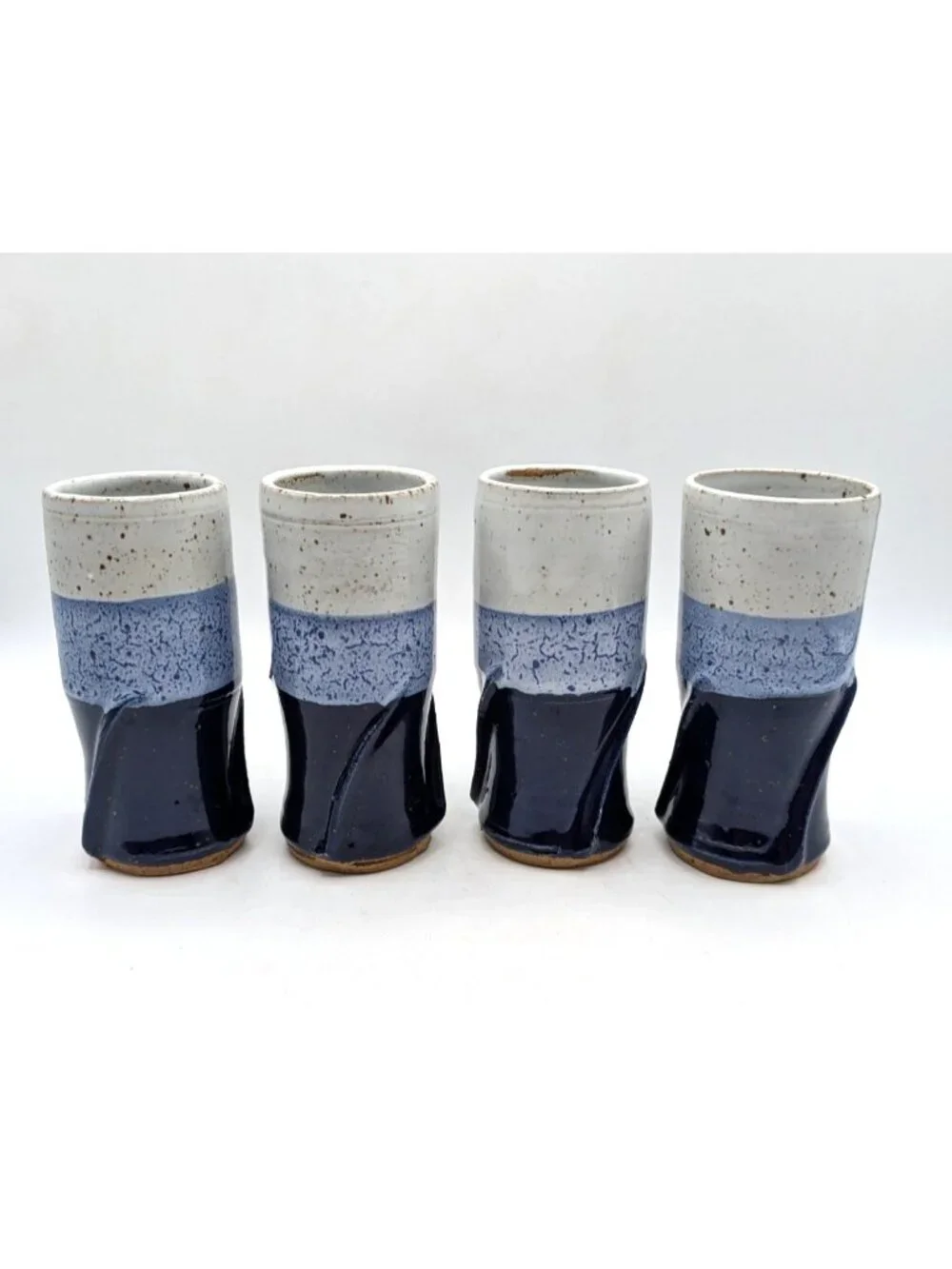 Japanese Ceramic Tall Tea Cups Hand Thrown Set of 4 Bottom Marked Blue Glaze 5